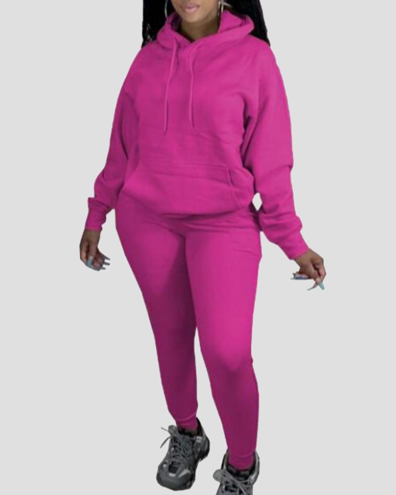 Solid Kangaroo Pocket Drawstring Hoodie & Pants Set-Pinkami