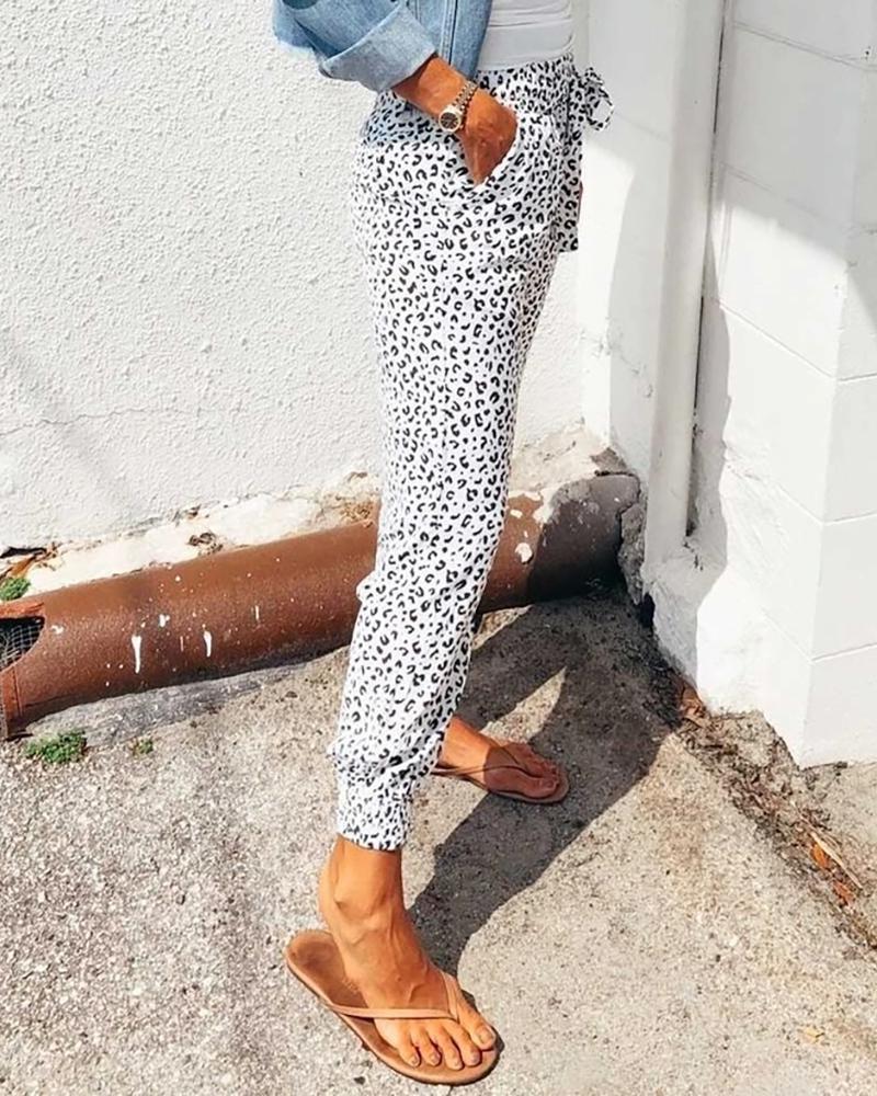 Leopard Drawstring Front Pocket Detail Sports Pants For Women-Pinkami