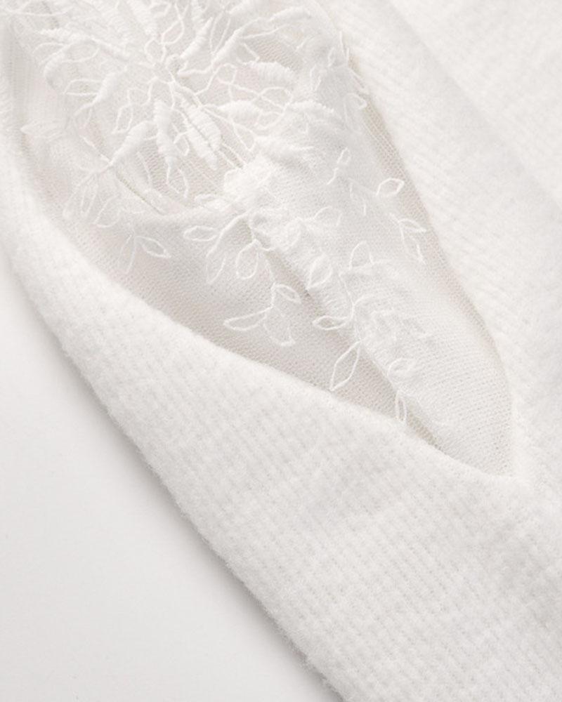 Floral Lace Beaded Decor Frill Trim Sweater-Pinkami