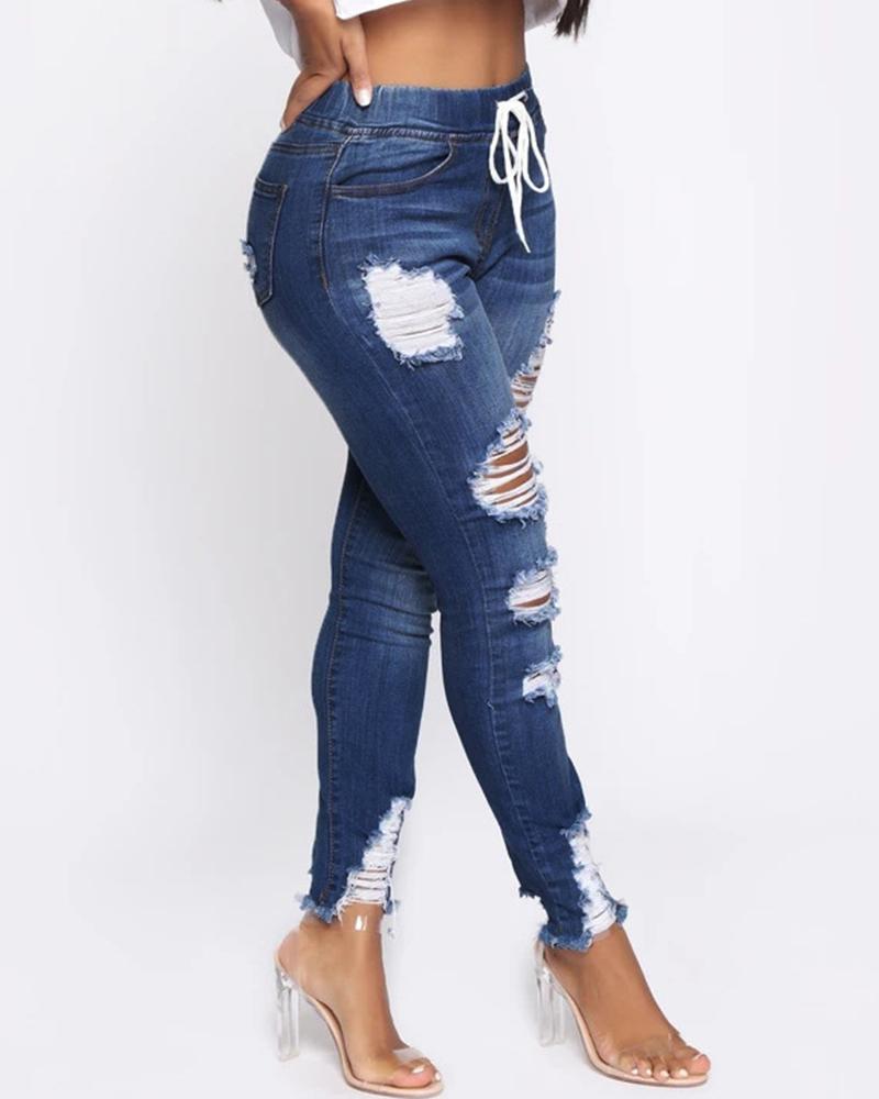 Women Ripped Distressed Drawstring Skinny Jeans-Pinkami