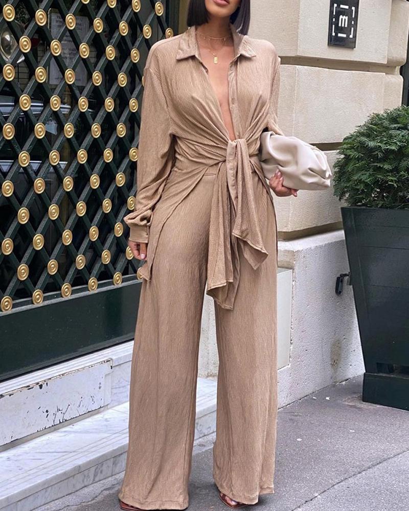 Self-Tie Split Hem Shirt & Wide Leg Pants Set-Pinkami