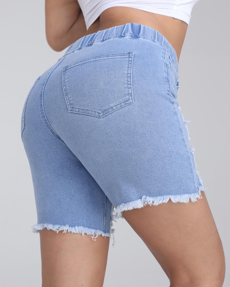 Women Drawstring Waist Distressed Raw Hem Denim Shorts-Pinkami