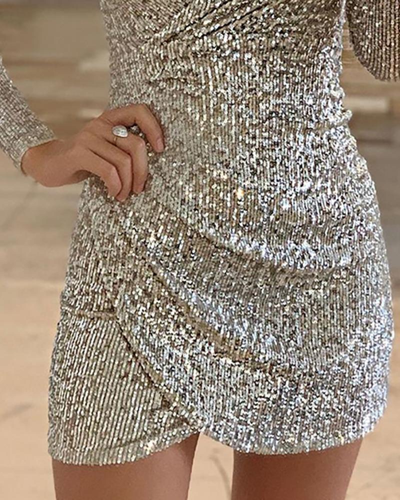 Surplice Wrap Ruched Sequins Bodycon Dress