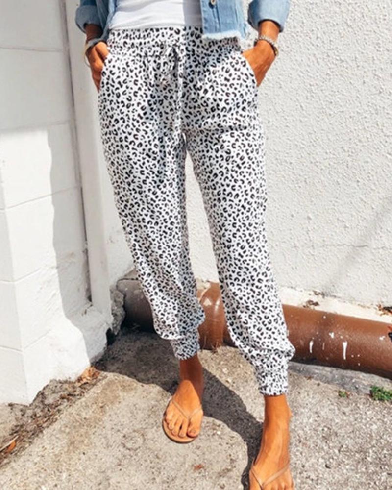 Leopard Drawstring Front Pocket Detail Sports Pants For Women-Pinkami