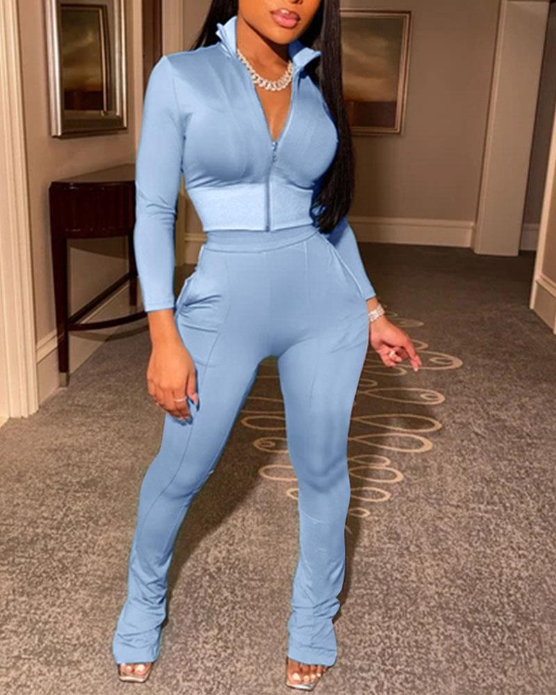 Solid Zip Up Stand Collar Top & Pants Set-Pinkami