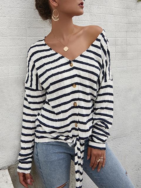 Striped Pattern Button Strap Knit Cardigan-Pinkami