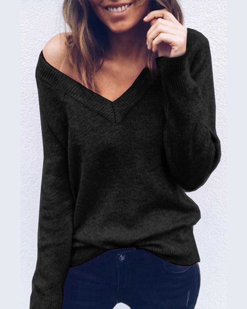 Solid Long Sleeve V Neck Sweater-Pinkami