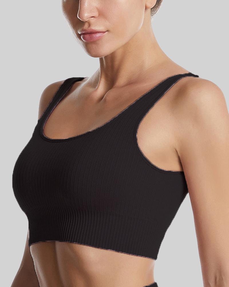 Rib-Knit Scoop Neck Cutout Back Sports Bra-Pinkami