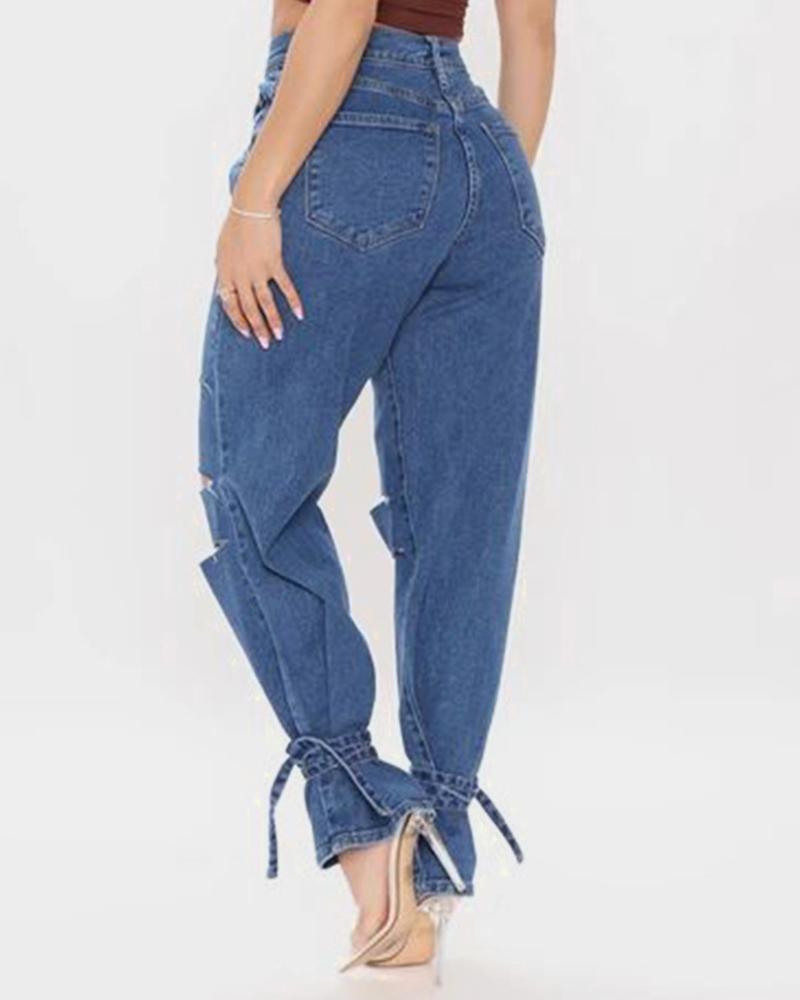 Women Ripped Ankle Tie Low Waist Jeans-Pinkami