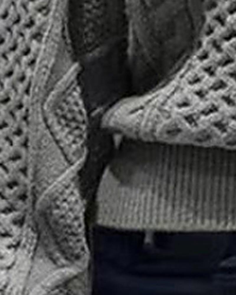 Solid Mixed Knit Lantern Sleeve Asymmetrical Neck Sweater-Pinkami