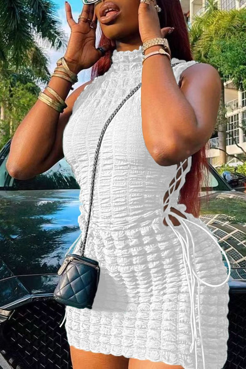 Smocked Lace Up Side Bodycon Dress