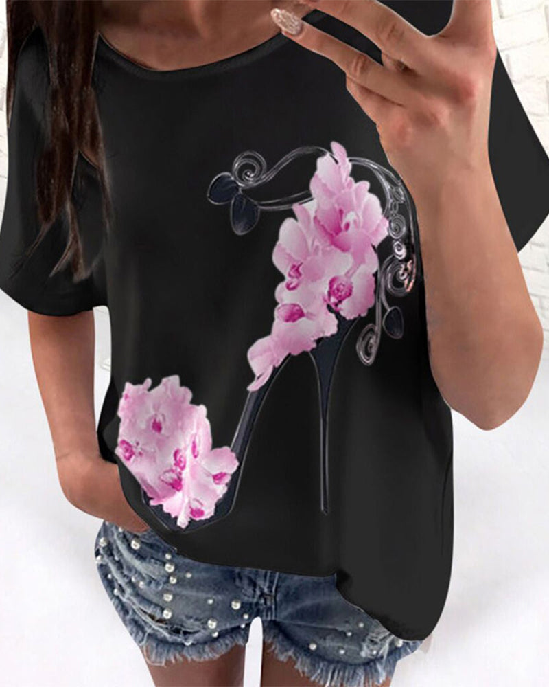 Floral & High Heel Print Drop Shoulder T-Shirt-Pinkami
