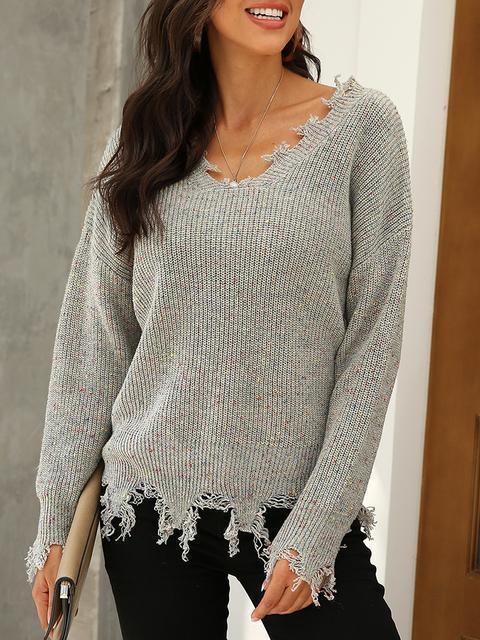 Solid Color V-neck Pullover Sweater-Pinkami