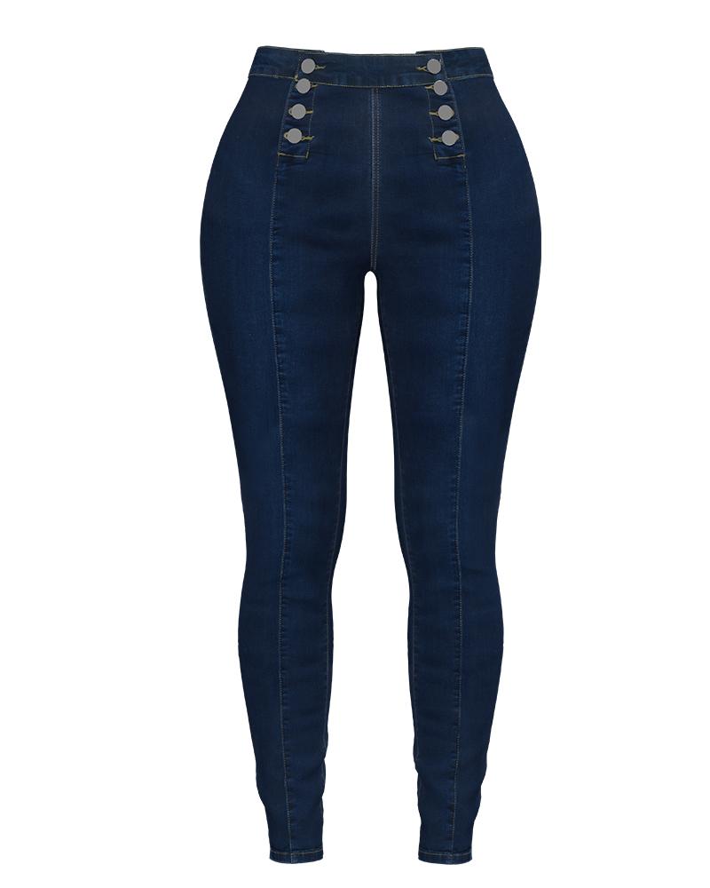 Women Double Breasted High Waist Skinny Jeans-Pinkami