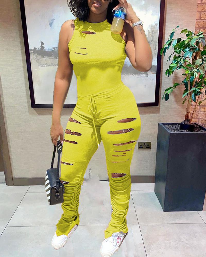 Hollow Out Drawstring Waist Stacked Casual Jumpsuit