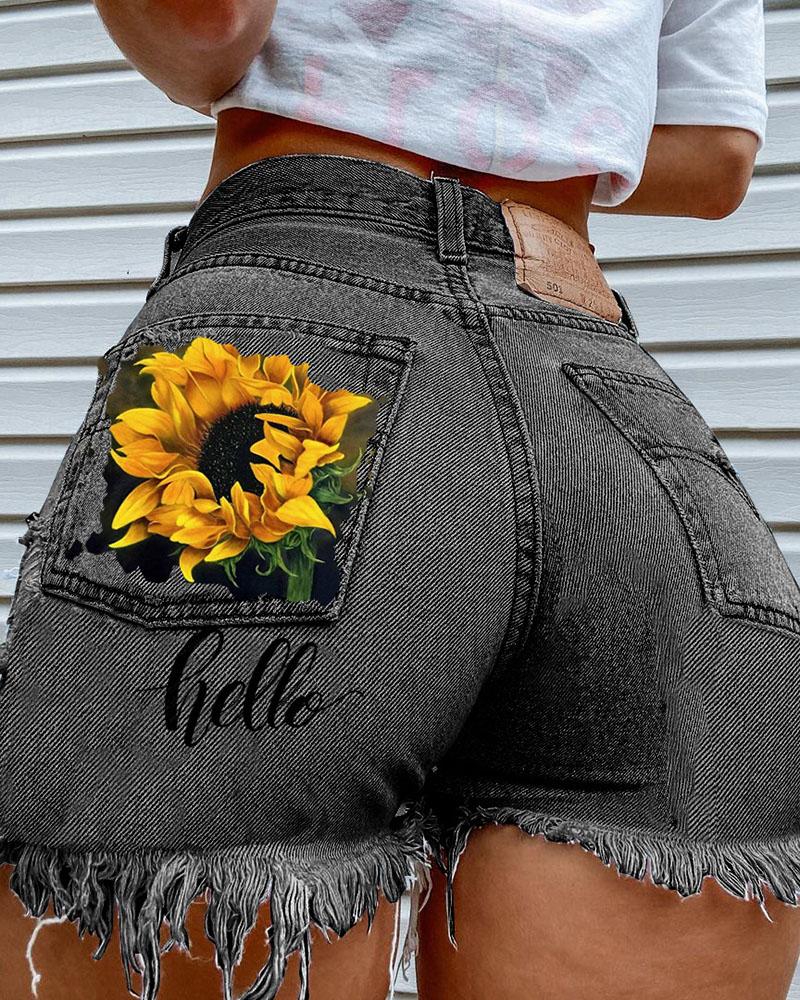 Women Ripped Sunflower & Letter Print Fringe Hem Denim Shorts-Pinkami
