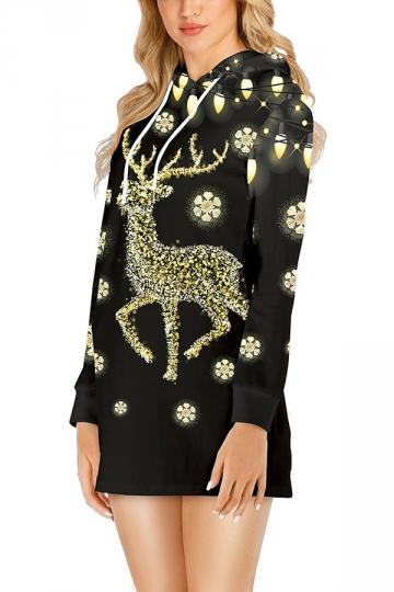 Womens Christmas Reindeer Dress Drawstring Gold-Pinkami