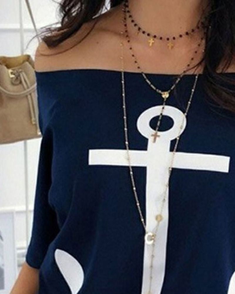 Anchor Print Half Sleeve Off Shoulder T-Shirt-Pinkami