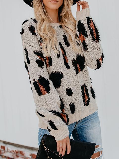 Leopard Knit Round Neck Sweater-Pinkami
