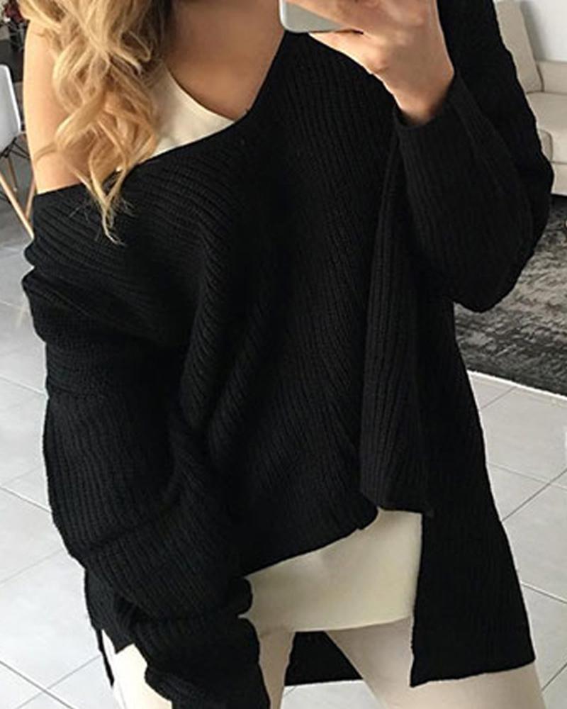 Chunky Knit Split Hem High Low Drop Shoulder Sweater-Pinkami