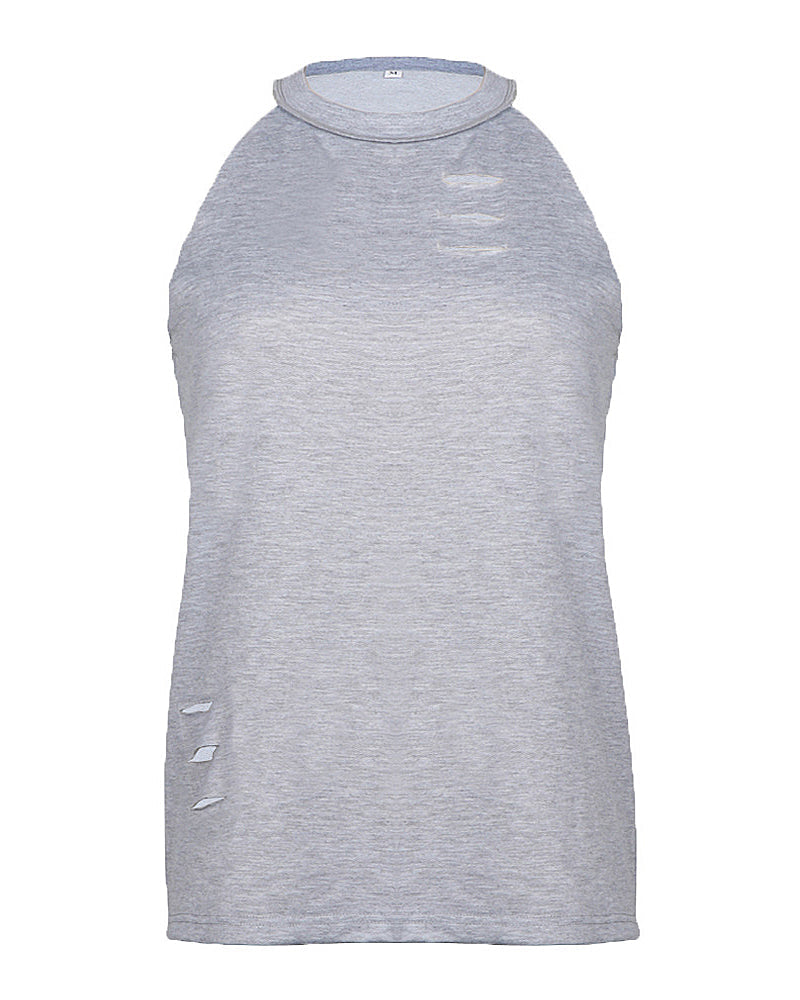 Solid Ripped Detail Halter T-Shirt-Pinkami