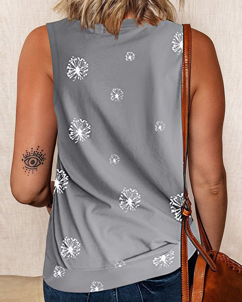 Dandelion Print Split Side Tank Top-Pinkami