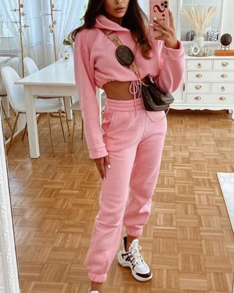 Solid Drawstring Elastic Hem Hooded Top & Pants Set-Pinkami