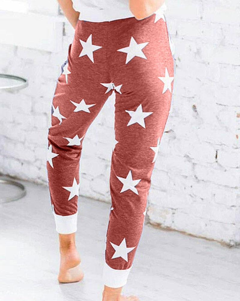 Star Print Drawstring Waist Pocket Side Sports Pants For Women-Pinkami