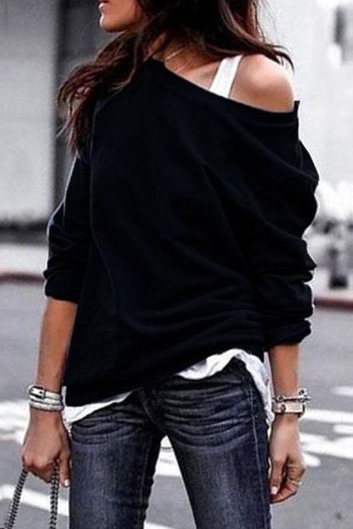 Fashion Long Sleeves One Shoulder T-Shirt-Pinkami