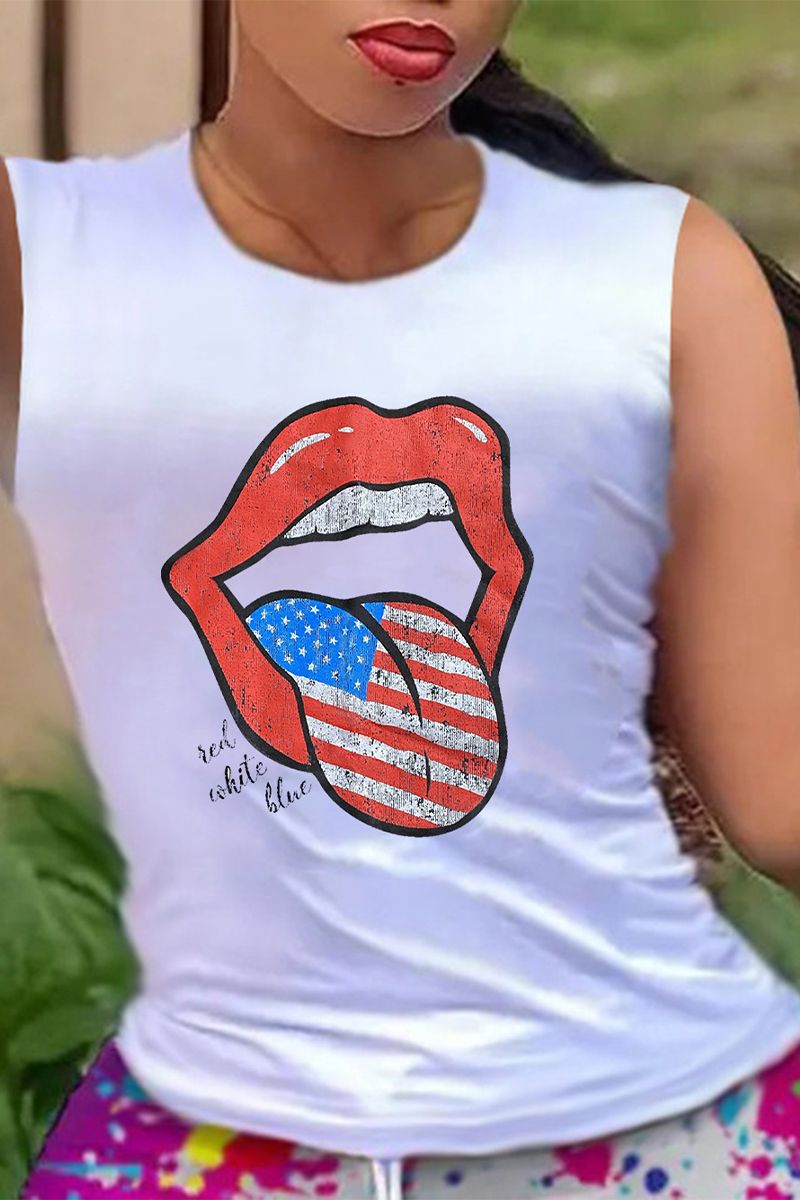 Lips & Flag Print Round Neck Tank Top-Pinkami