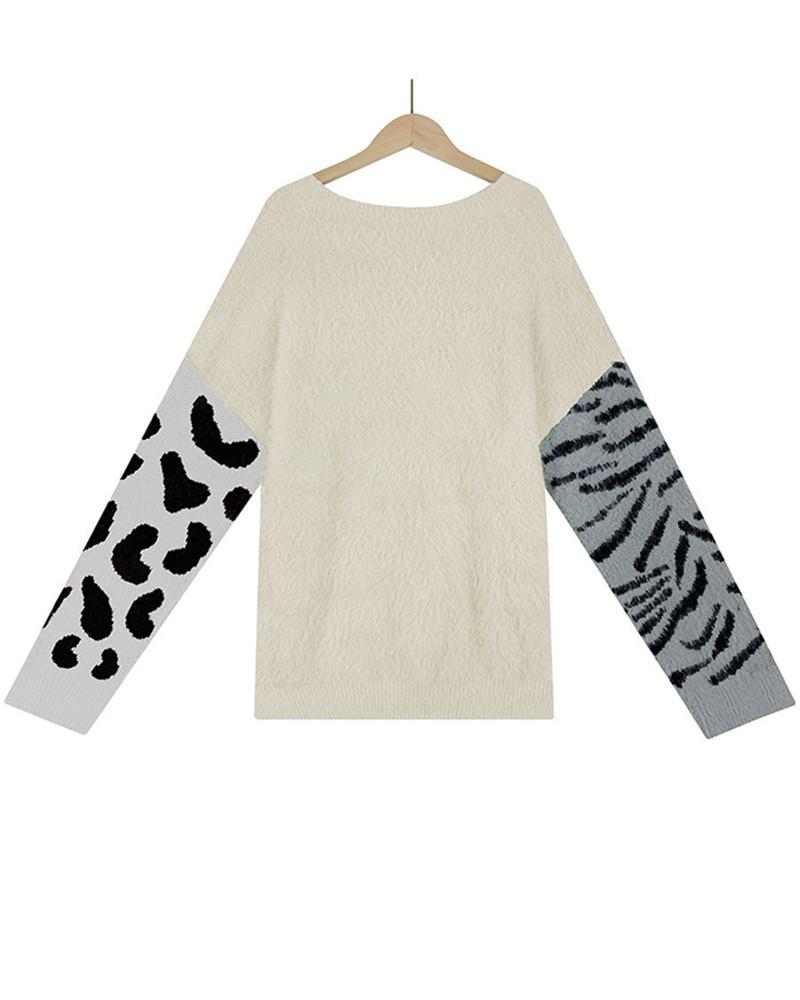 Colorblock Graphic Print Fuzzy Round Neck Sweater-Pinkami