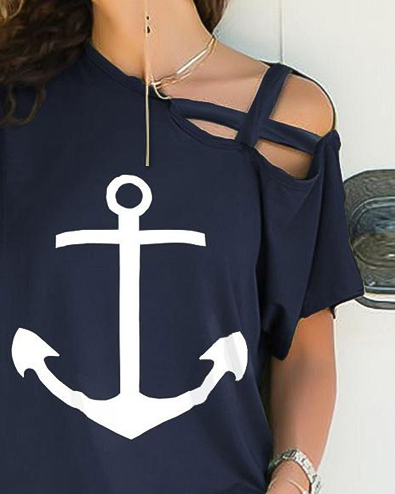 Sign Print Criss Cross Asymmetrical Neck T-Shirt-Pinkami