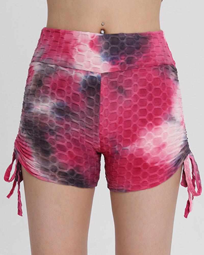 Tie Dye Textured Drawstring Side Butt Lifting High Waist Sports Shorts-Pinkami