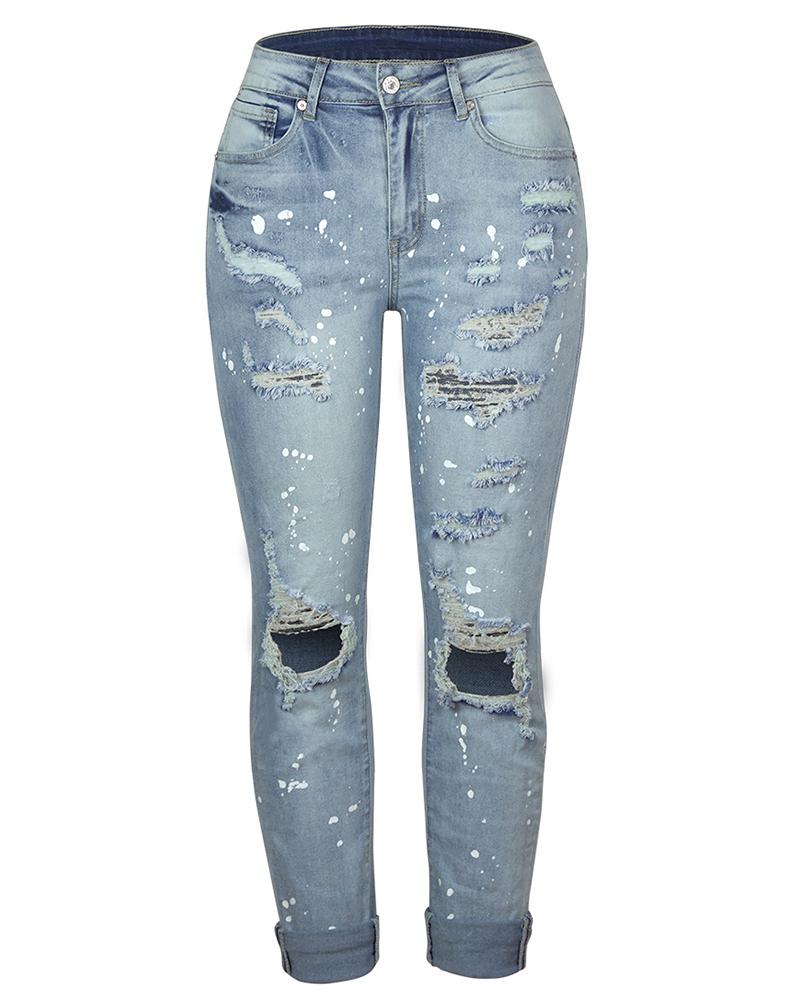 Women Ripped Distressed Mid Waist Straight Leg Jeans-Pinkami