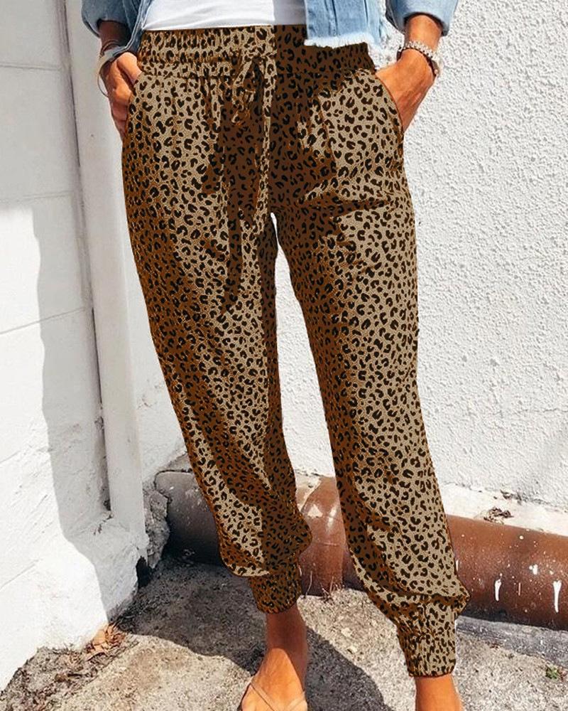 Leopard Drawstring Front Pocket Detail Sports Pants For Women-Pinkami