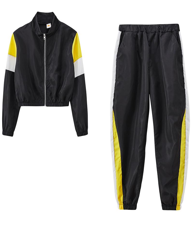 Colorblock Pocket Detail Zip Front Top & Pants Set-Pinkami