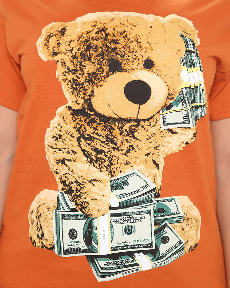 Bear & Dollar Print Round Neck T-Shirt-Pinkami