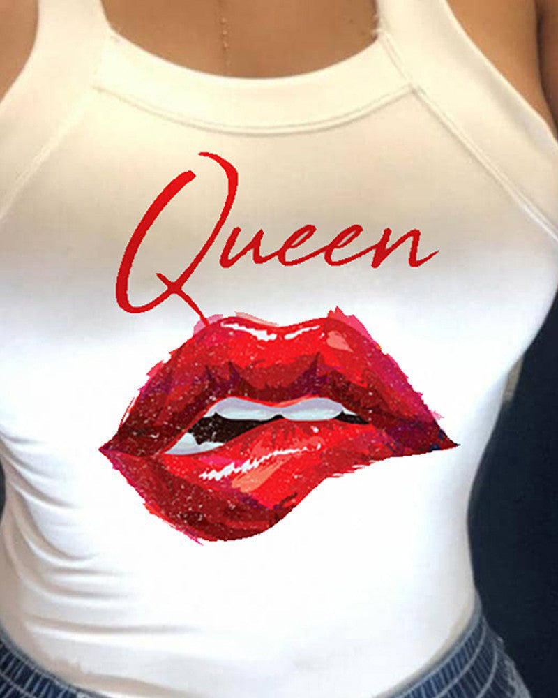 Graphic Print Form Fitted Sleeveless Tank Top-Pinkami