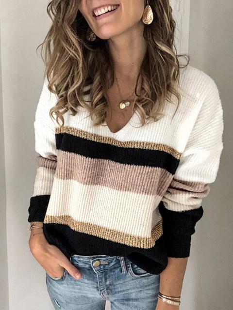 Casual Loose Stripe V-Neckline Sweater-Pinkami