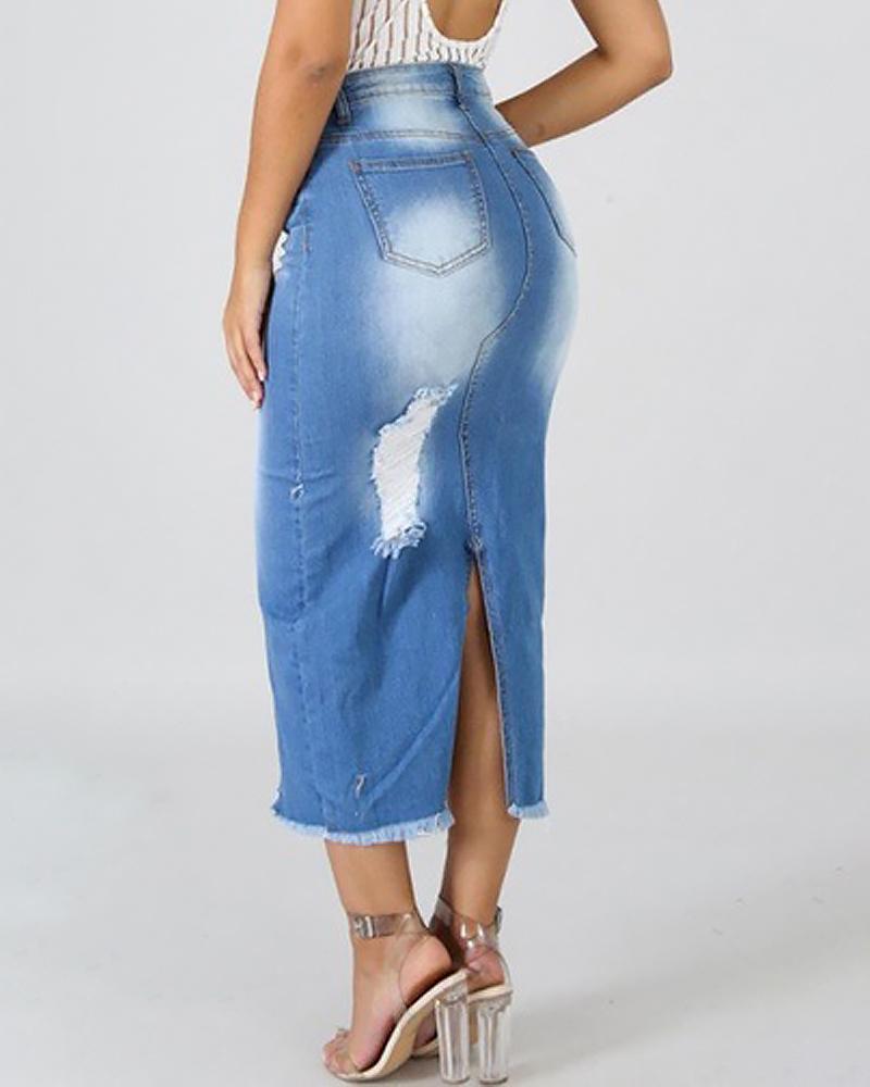 Women Split Side Raw Hem High Waist Denim Skirt-Pinkami