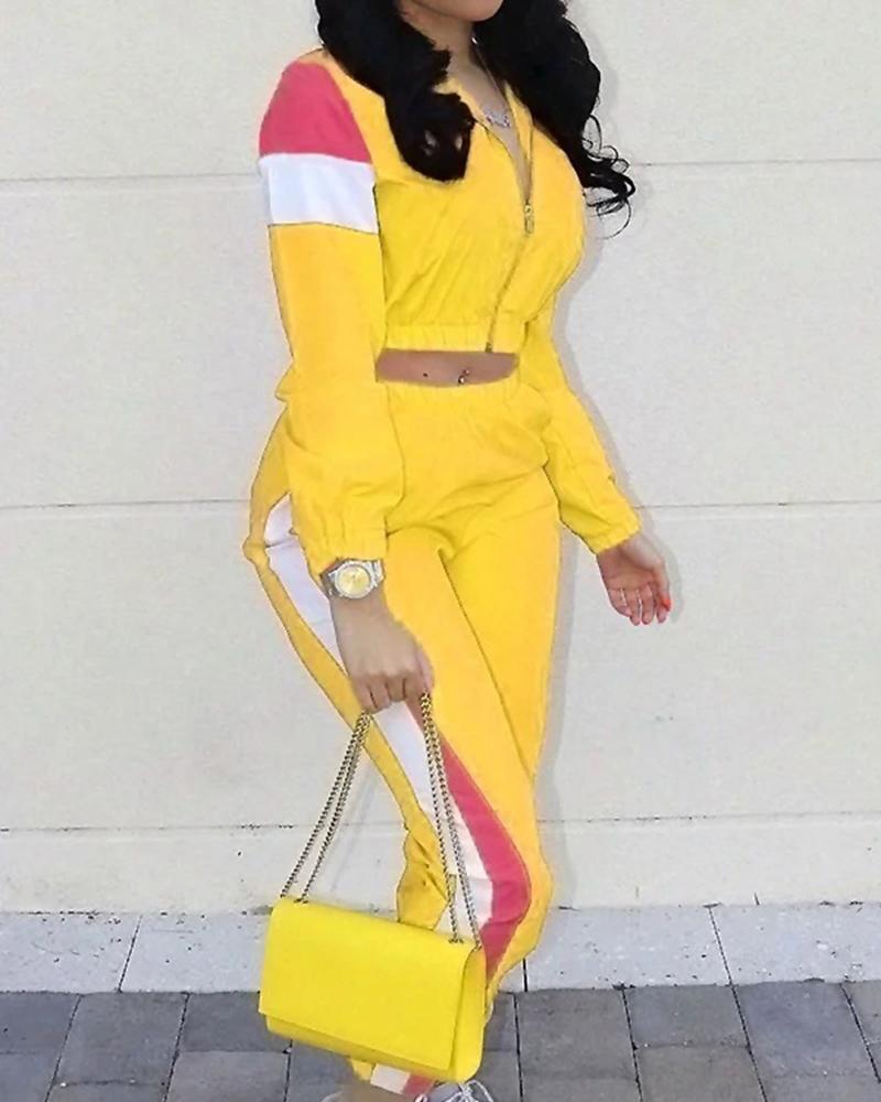 Colorblock Pocket Detail Zip Front Top & Pants Set-Pinkami