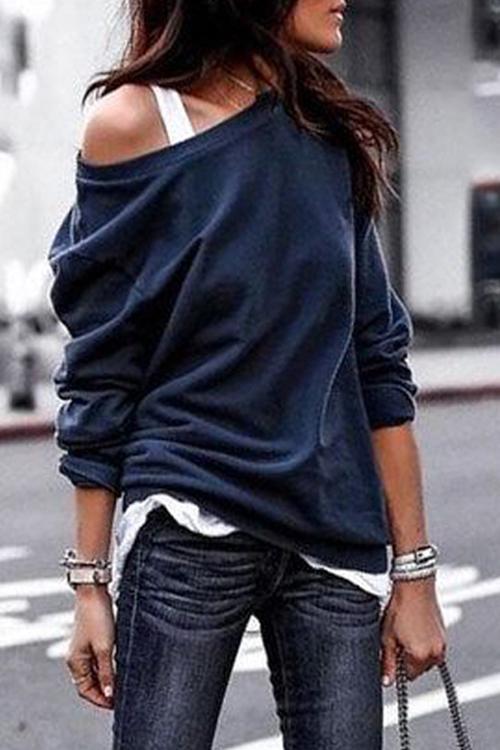 Fashion Long Sleeves One Shoulder T-Shirt-Pinkami
