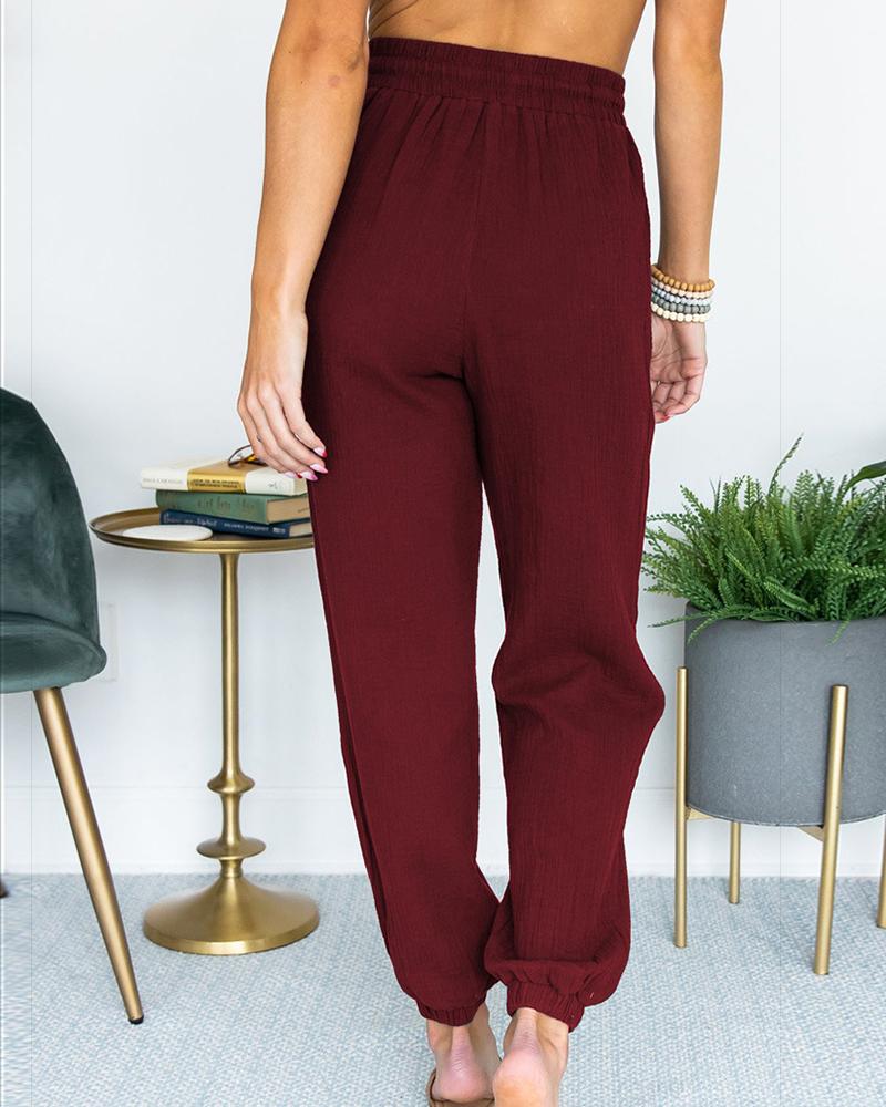 Solid Slant Pocket Drawstring Waist Joggers For Women-Pinkami