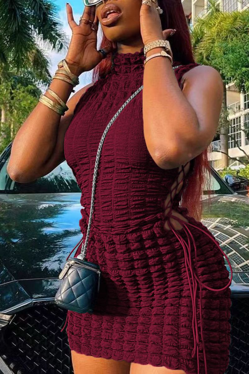 Smocked Lace Up Side Bodycon Dress