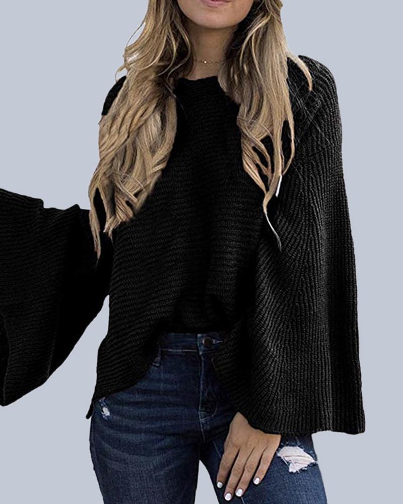 Solid Bell Sleeve Scoop Neck Sweater-Pinkami