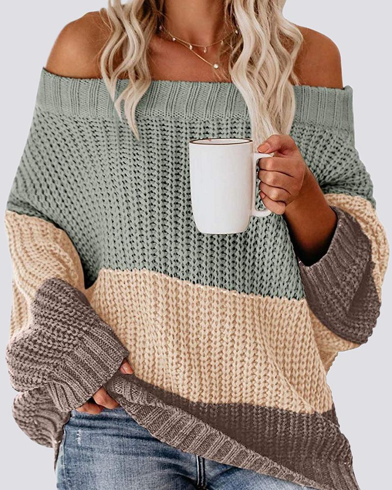 Colorblock Chunky Knit Boat Neck Sweater-Pinkami