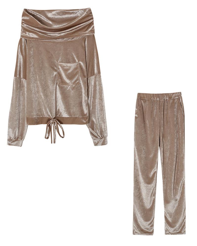 Solid Velvet Drawstring Boat Neck Top & Pants Set-Pinkami