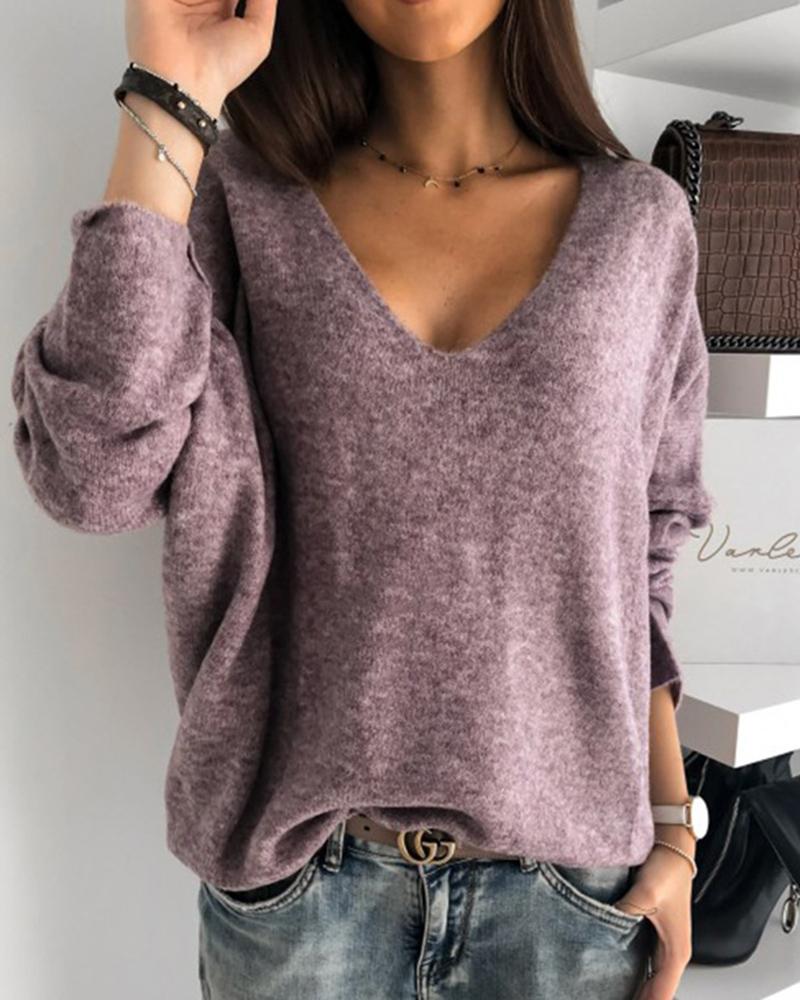 Solid Long Sleeve V Neck Sweater-Pinkami