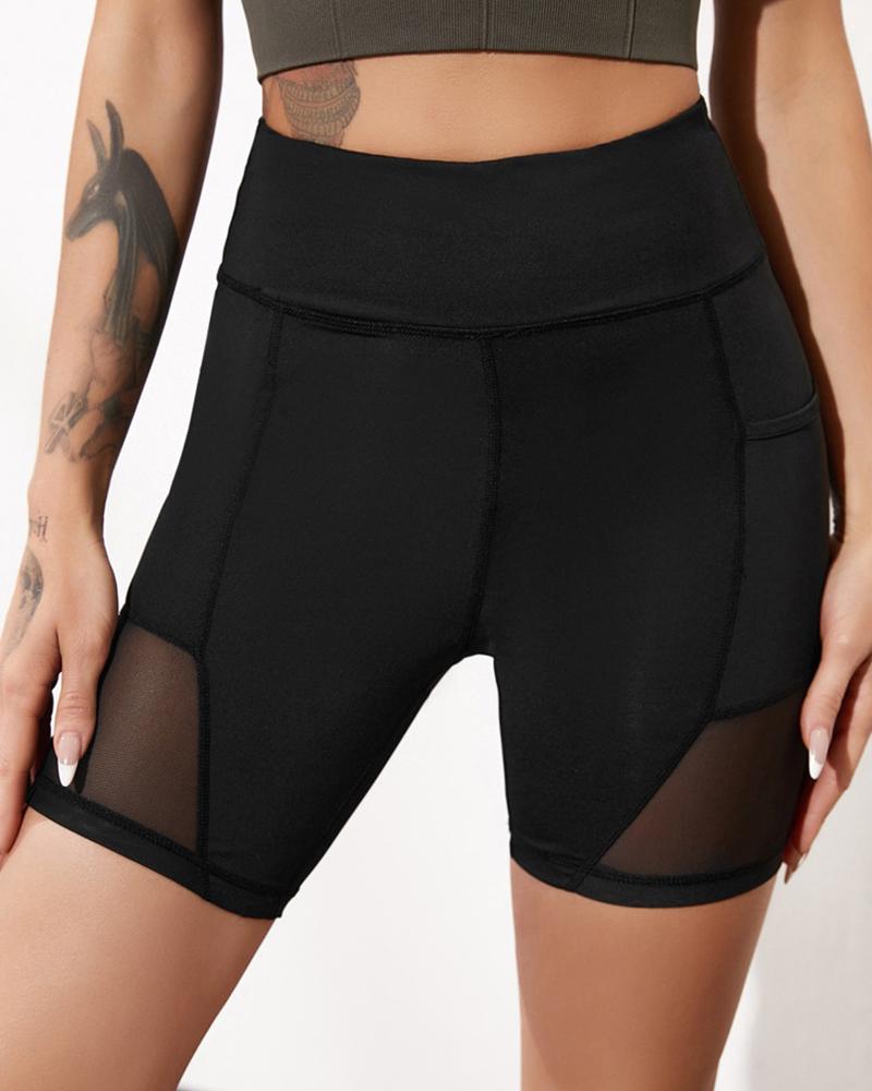 Mesh Insert Pocket Side Wide Waistband Sports Shorts-Pinkami