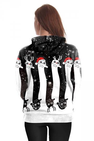 Womens Kangaroo Pocket Reindeer Printed Christmas Hoodie Dull Black-Pinkami